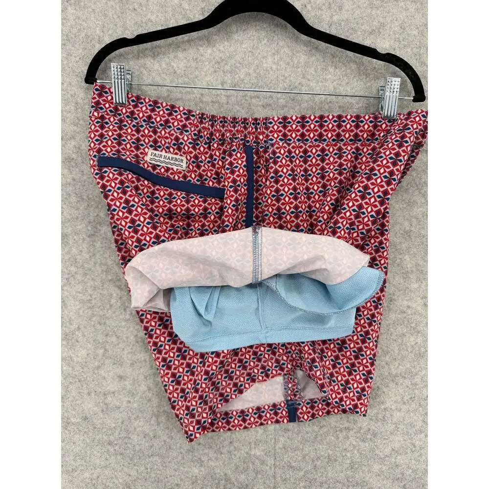 Fair Harbor The Sextant Geometric Swim Trunks Men's Size 34 Red Blue Side Stripe